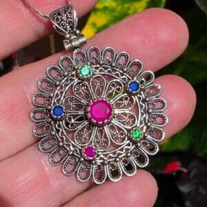 Vintage Sterling Silver Filagree Multi Gemstone Ruby Pendant Necklace, 24" Chain